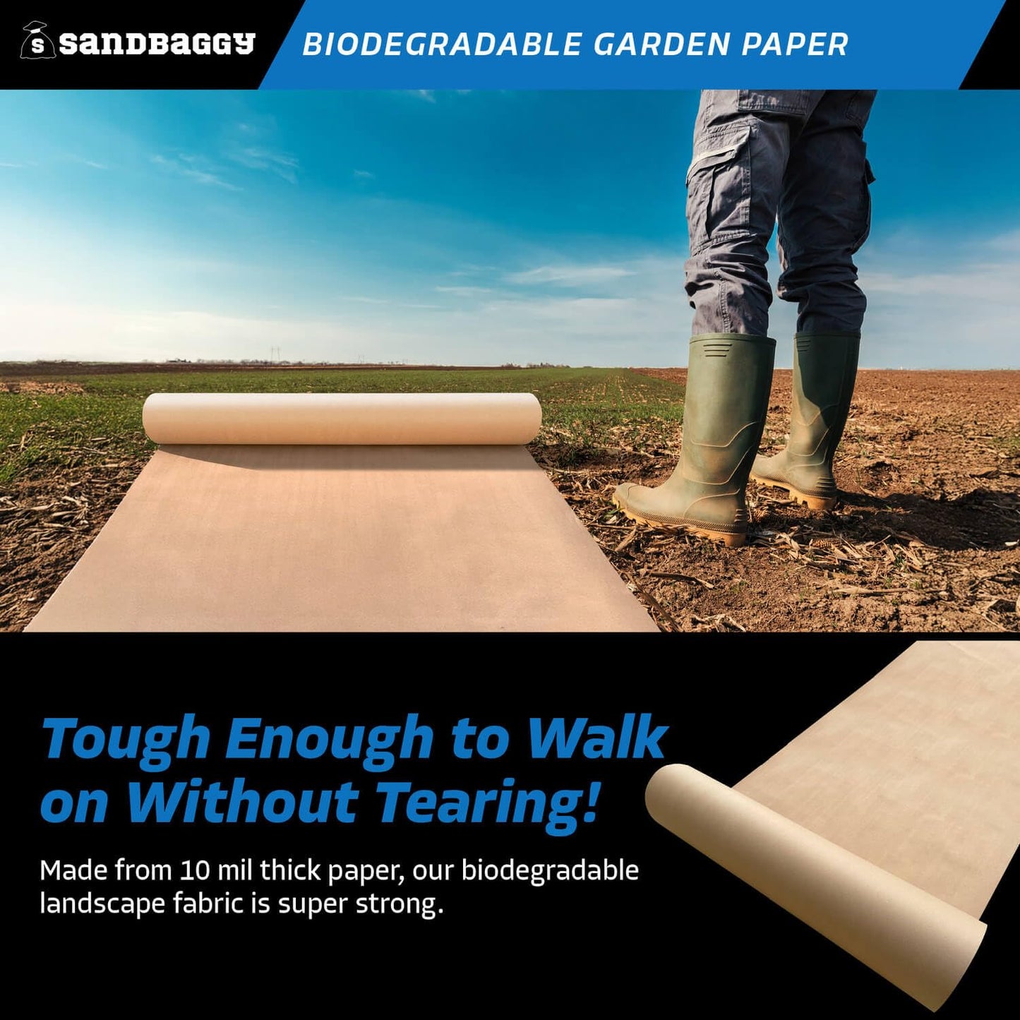 Sandbaggy Biodegradable Landscape Fabric - Garden Paper for Weeds - Paper Mulch Rolls - Made in America (3 ft x 475 ft, 10)