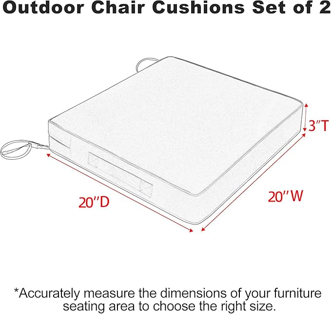 Favoyard Patio Chair Cushions 20 x 20 x 3 Inch Waterproof Outdoor Seat Cushions for Patio Furniture 3-Year Color Fastness Garden Sofa Couch Chair Pads with Handle & Adjustable Straps Set of 2, Grey