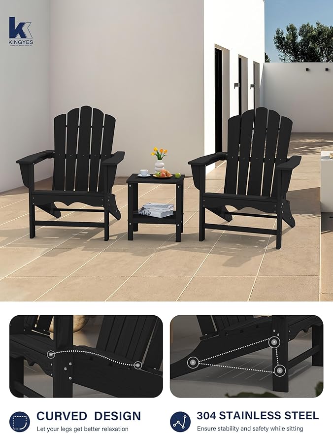 KINGYES HDPE Adirondack Chair, Classic All-Weather Adirondack Chair, Black
