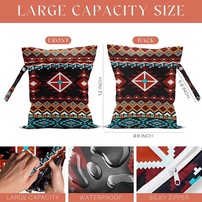 4 Pack Southwestern Boho Aztec Wet Bag Waterproof Washable Reusable Wet Dry Bag for Swimsuit Clothes Cloth Diaper Travel Beach Pool Yoga Gym Toiletries Gift for Women Sister Bestie Birthday Christmas