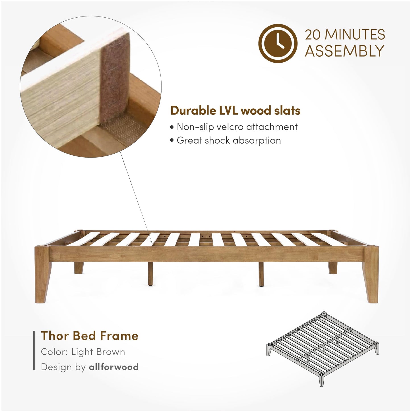 AllForWood Thor Premium Solid Wood Bed Frame Full, Japanese Joinery Bed Frame with Wood Slat Support, Platform Bed, No Box Spring Needed, Easy Assembly, Minimalist & Modern Style (Light Brown)