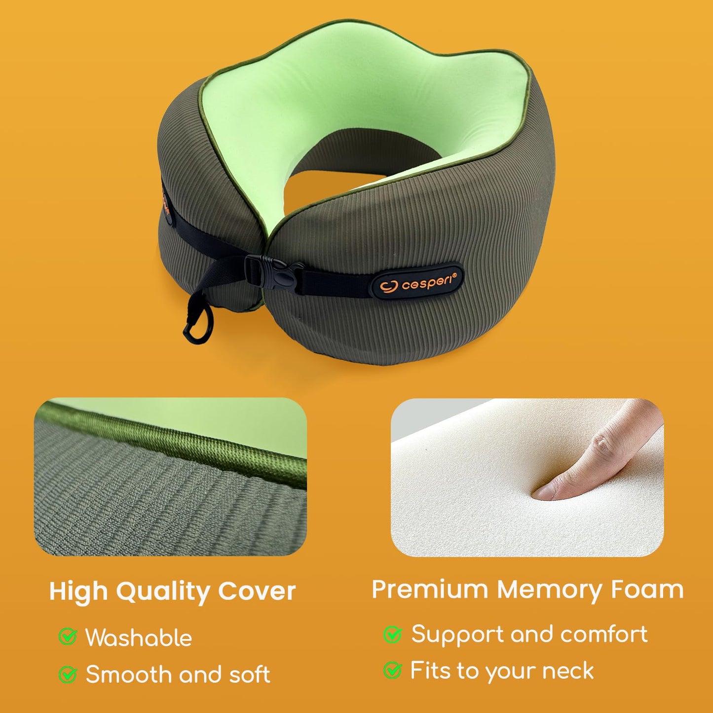 Cesperi® Travel Neck Pillow for Airplanes, Ergonomic Design, Airplane Neck Pillow with Memory Foam, Travel Essentials for Flights, Car Rides, and Home Rest, M Size, 140-210LB (Avocado Green)