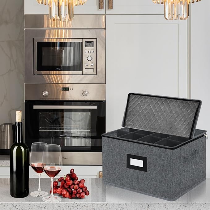 VERONLY Wine Glass Storage Box with Dividers for 12, Hard Shell Stemware Storage Container - Stackable Glassware Case with Handles and Label -Moving Storage for Crystal -Dark Gray