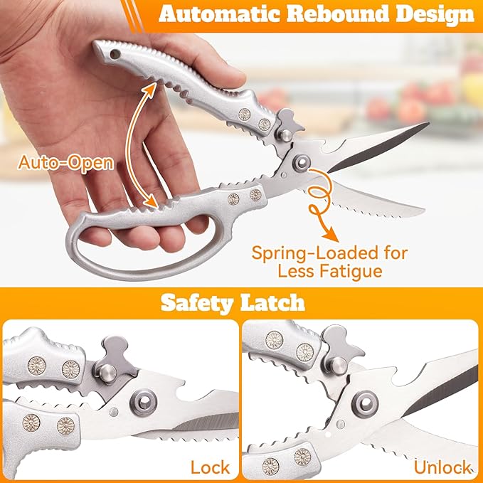 Heavy Duty Kitchen Scissors, Poultry Shears for Meat, Chicken, Bone, Turkey, Fish. Kitchen shears With Anti-Slip Handle, Spring Loaded, Dishwasher Safe