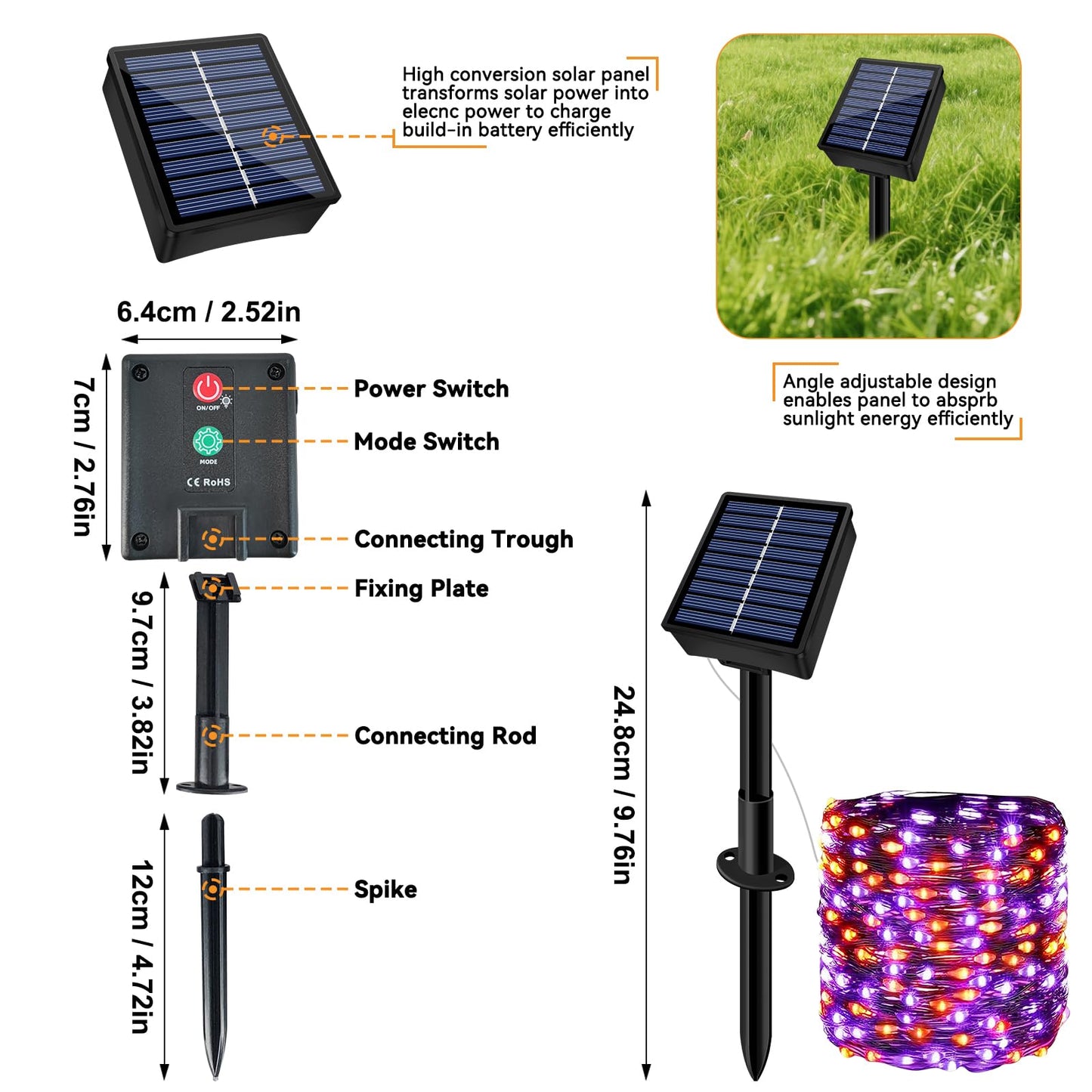 Solar String Lights Outdoor Waterproof 2 Pack Total 66Ft 200Led 8 Modes Twinkle Lights Solar Fairy Lights For Patio  Garden Yard Party Tree Christmas Halloween Decoration  Orange + Purple