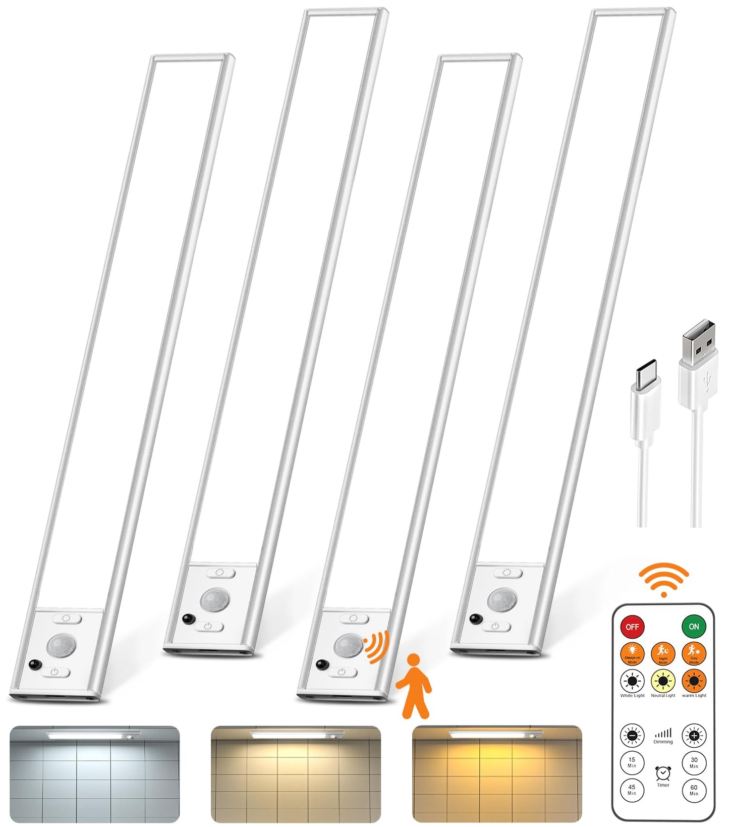 Flysein Under Cabinet Lights, Wireless Motion Sensor, 2500mAh Battery, 3 Color Temps, 11.9 Inch, White, 4 Pack, Model QYD-CGD-001