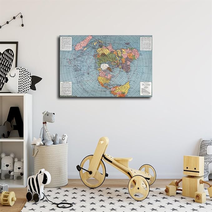 Flat Earth Map of The World Model - 1943 Polar Azimuthal Equidistant Projection Map Art Poster Room Aesthetic Wall Art Canvas Decoration Home Decor Gifts (12×18inch Unframed)