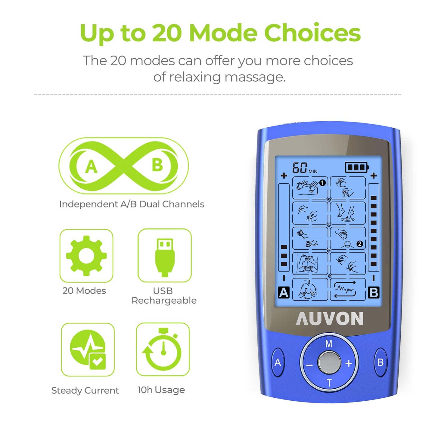 AUVON Dual Channel TENS Unit Muscle Stimulator Machine with 20 Modes, 2" and 2"x4" TENS Unit Electrode Pads (Blue)