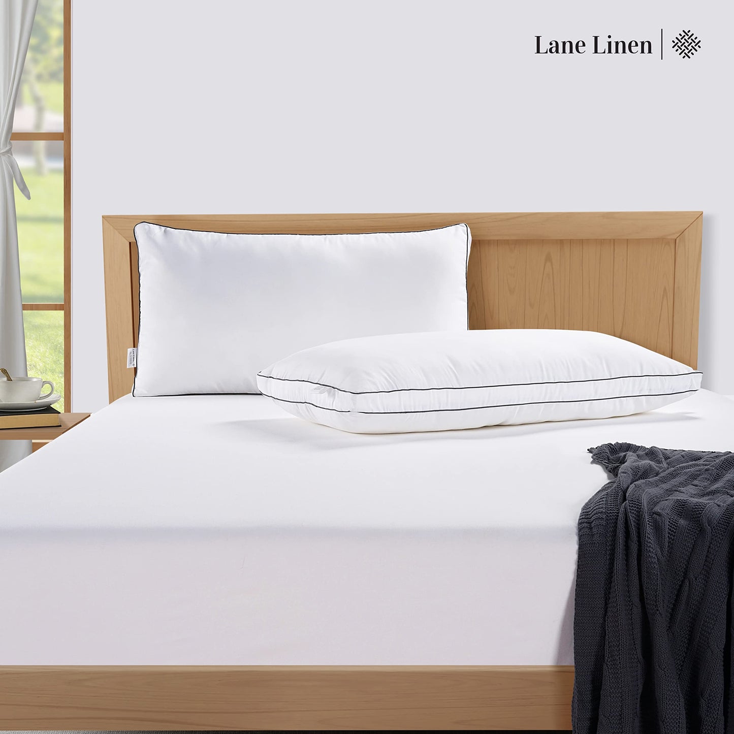 LANE LINEN Bed Pillows Standard Size Set of 2, Medium Soft Support Gusseted Hotel Pillows, Down Alternative Standard Pillow for Side Sleepers, Machine Washable, Comfortable for Quality Sleep - White
