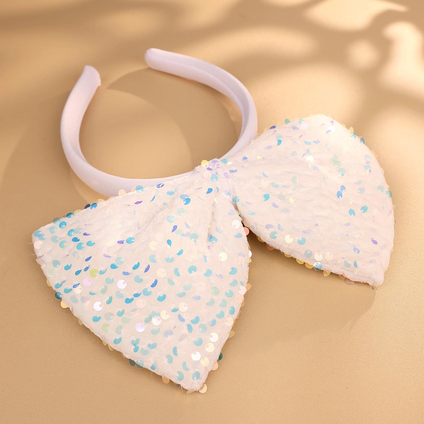 Yheahin Big Bow Headband for Women Soft Bow-Knot Hair Hoop with Sparkling Sequins Festival Costume Large Hair Bow Accessory (Whi