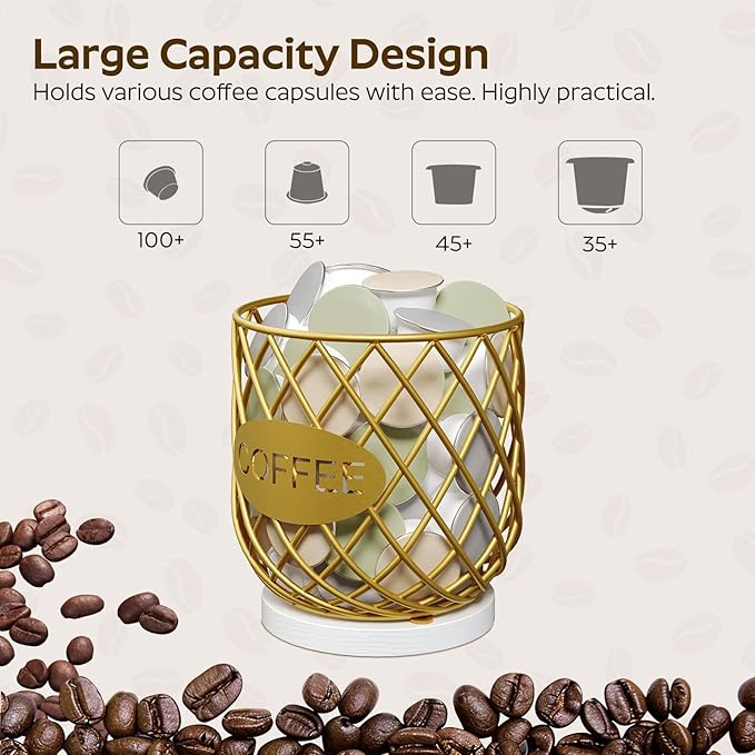 Coffee Pod Holder Organizer, Holder for K Cup, Large Capacity Coffee Pod Basket, Versatile Coffee Capsule Storage Organizer, for Kitchen Countertop, Gold and White KH09DW