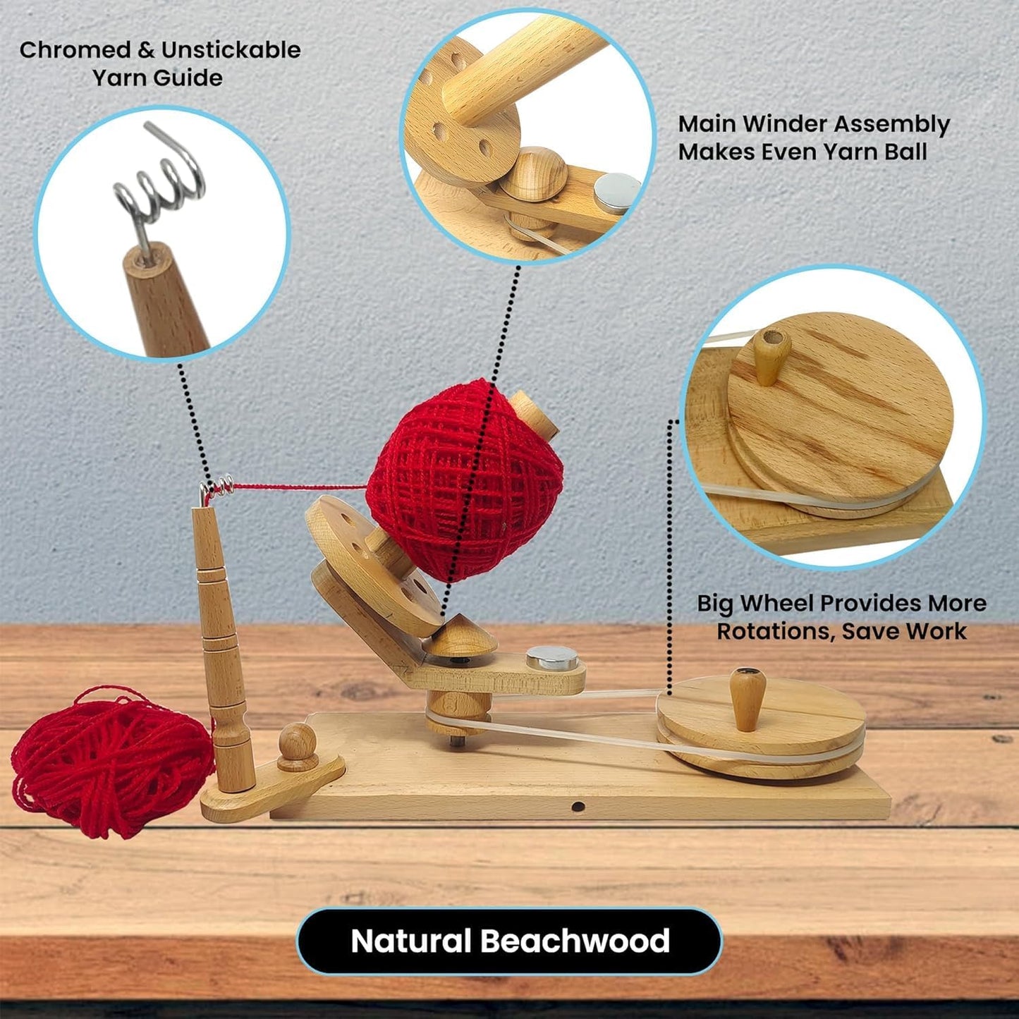 Wooden Yarn Ball Winder – Hand Crank Beechwood Swift for 8–12 oz Skeins – Large Capacity Wool Fiber Winder for Knitting & Crochet (Beachwood Winder)