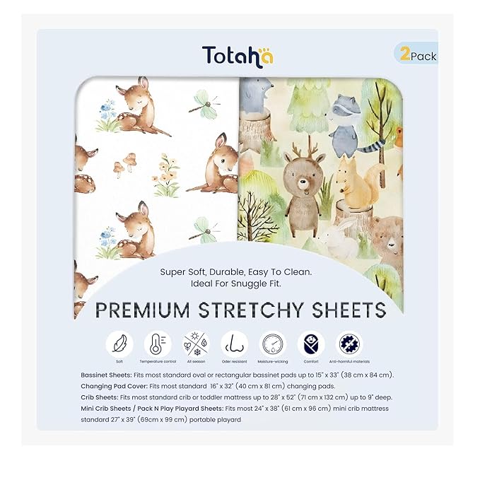 TotAha Premium Stretchy Changing Pad Cover, Buttery Soft Diaper Changing Pad Covers for Girls Boys, Super Stretchy Jersey Knit Changing Table Covers, Forest Bear & Cute Deer
