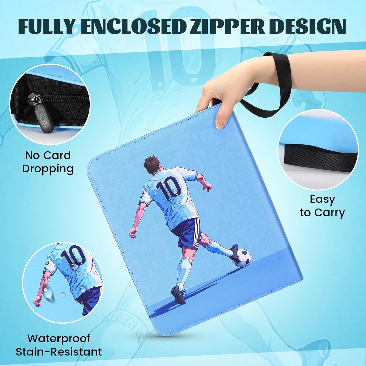 900 Pockets Soccer Card Binder for Soccer Trading Cards Collectors, Portable Waterproof Card Storage Bag with Removable Sleeves, Compatible with Soccer, Football,Sports Game and TCG Cards