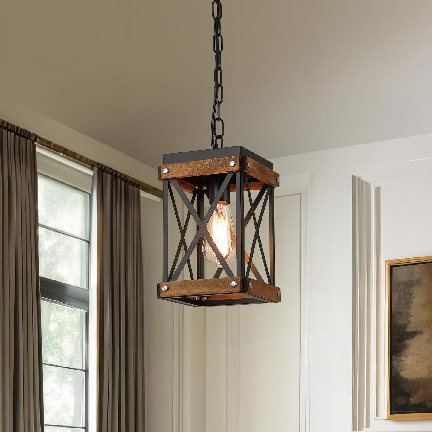 2 Pack Rustic Farmhouse Wood Pendant Light Fixture One-Light Adjustable Chain Oak Wood And Metal Lantern Cage Small Pendant Lighting For Kitchen Island Sink Hallway Farmhouse Bathroom Bar  Black