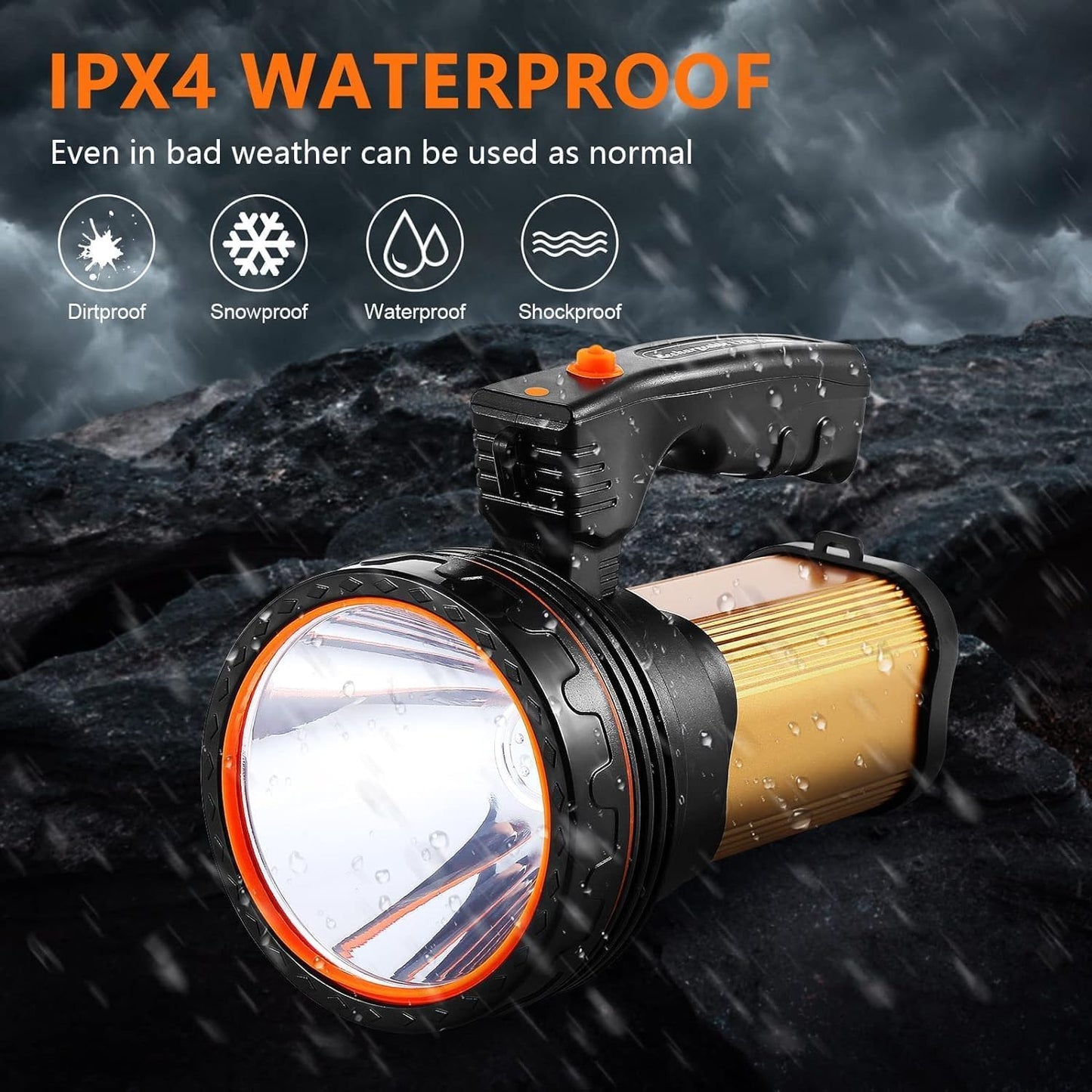 CSNDICE Rechargeable Flashlight, 1000,000LM, IP68 Waterproof, 10000mAh, Medium Size, Gold, Model 0809