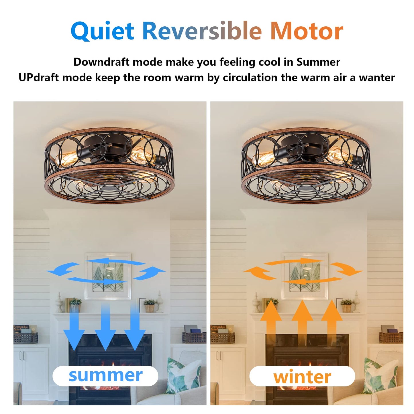 Farmhouse Ceiling Fans With Lights And Remote, 20 Low Profile Caged Lighting With Bladeless Fan, Rustic Flush Mount With E26 B