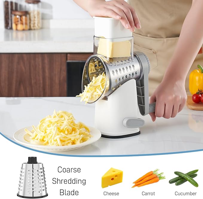 VEKAYA Cheese Grater, Cheese Grater Hand Crank, 4 Interchangeable Blades Cheese Shredder, Vegetable Slicer, Non-slip Suction Base, Easy to Clean Rotary Grater with Handle (White Grey)