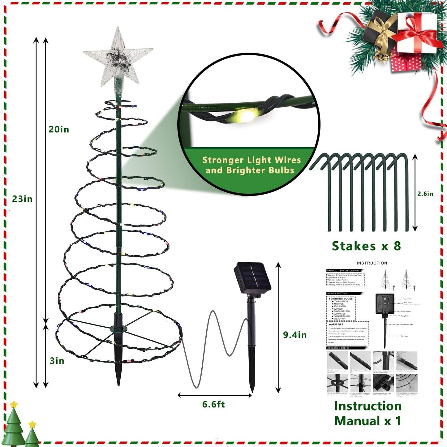 Outdoor Christmas Decorations  2 Pack 20   Spiral Solar Christmas Tree Lights  8 Modes Solar Pathway Lights  Waterpoof Light Up Prelit Xmas Tree For Garden Patio Yard Walkway Driveway(Warm White)