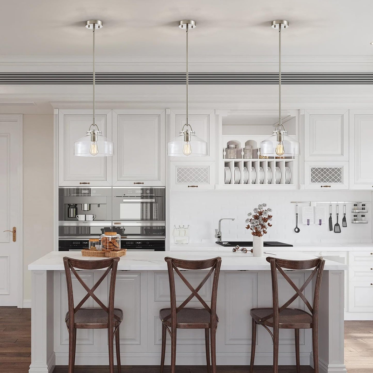 Wuzups Chandelier Rustic Farmhouse Industrial Round Ceiling Pendant Led Light Fixture With Clear Glass Shades For Dining Room Kitchen Island Foyer Entryway  H 9.4 X W 10.6  E26 Base  Brushed Nickel