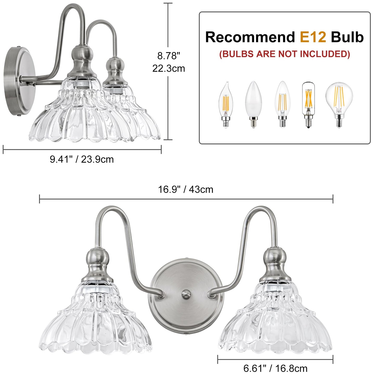 Brknit Vintage Bathroom Light Fixtures Over Mirror  2-Light Brushed Nickel Wall Sconce Lighting With Flower Glass Shade  Farmhouse Vanity Lights For Bedroom Kitchen Living Room Hallway Light