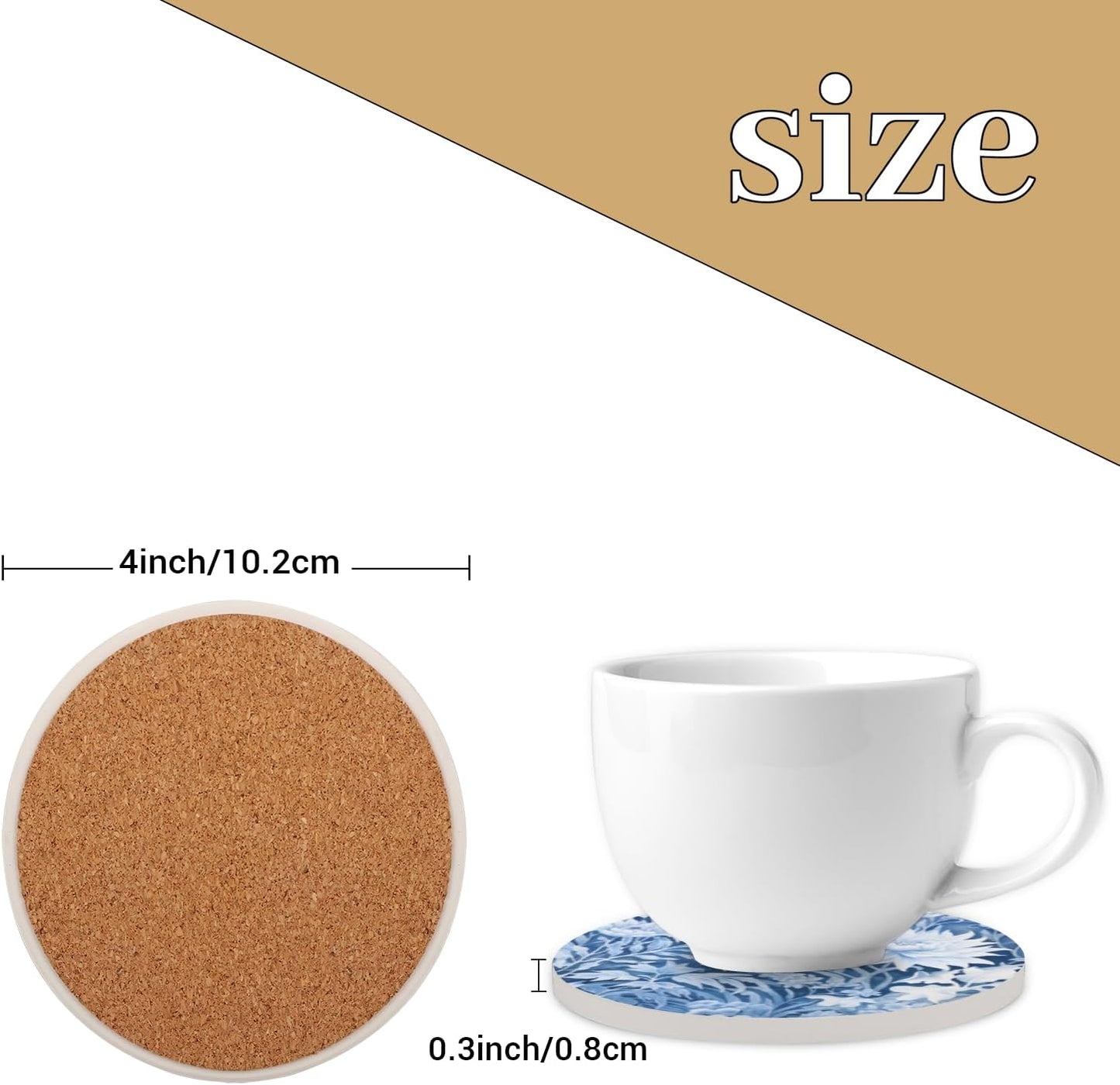 Ceramic Coasters for Drinks with Cork Back, Cyan White Floral 4 Inch Absorbent Coaster Set 2 Pack, Quick Dry Non-Slip Coaster Mats for Home, Office, Bar
