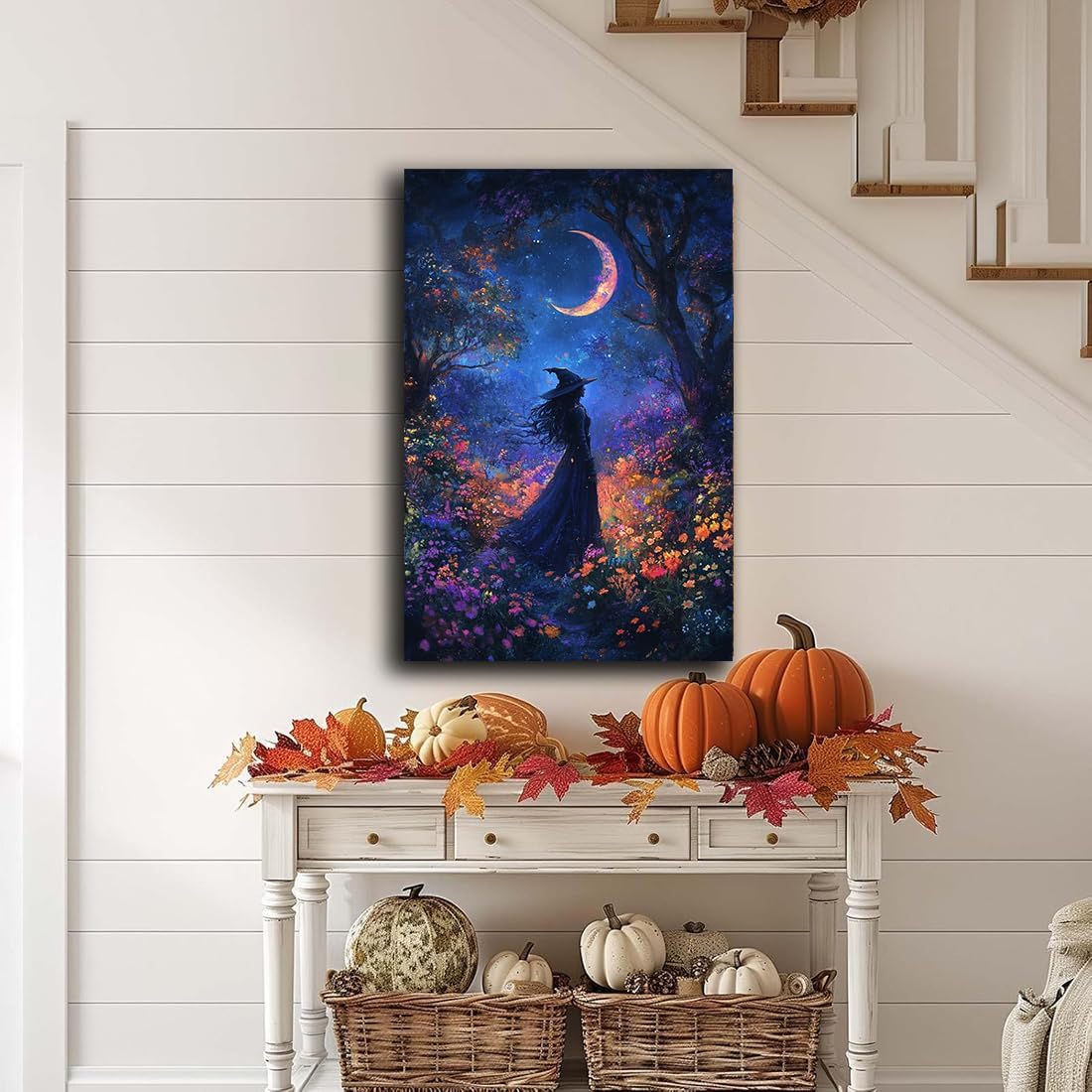 Vintage Halloween Witch Decor Mystic Gothic Wall Art Poster,Enchanting Witch Fall Whimsical Wildflowers Woodland Forest Crescent Moon Picture Art,Creepy Witchy Home Decor,24"x36" Framed