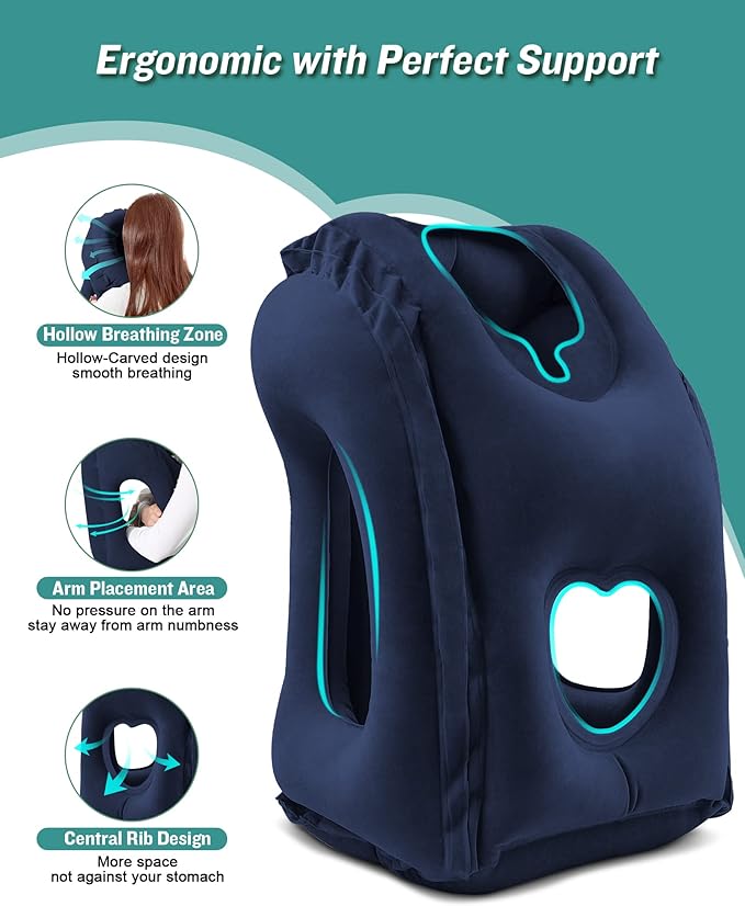 JefDiee Inflatable Travel Pillow, Airplane Neck Pillow Comfortably Supports Head and Chin for Airplanes, Trains, Cars and Office Napping with 3D Eye Mask, Earplugs and Portable Drawstring Bag (Blue)