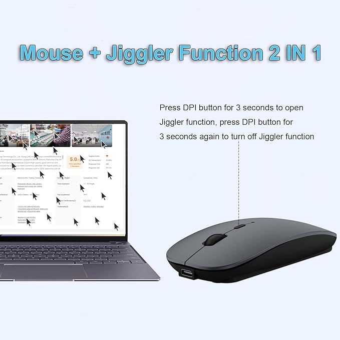 SUNGI Bluetooth Mouse,Wireless Slim Silent Mouse Jiggler Rechargable Mouse for iPad/MacBook/Tablet/PC/iPhone/Cellphone,Gray