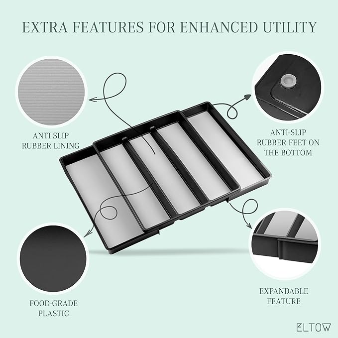 ELTOW Expandable Utensil Drawer Organizer, 5 Compartment Non-Slip & Adjustable Large Utensil Organizer for Kitchen Drawers, Kitchen Organization for Utensils, Flatware Storage Tray (Black)