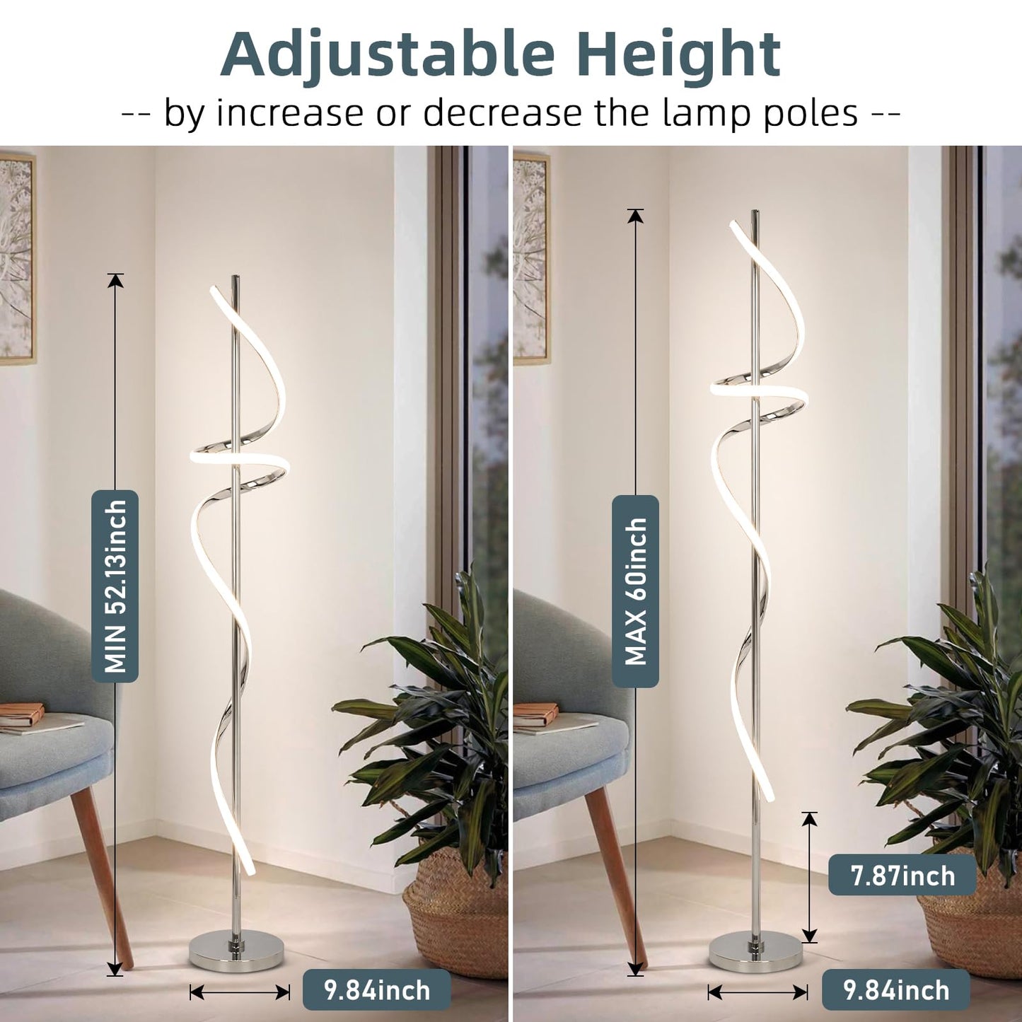 EIDISUNY Modern Floor Lamp, Dimmable LED, 60in, Aluminum, Chrome, 3 Color Temperatures, Model FL-YLC002SR