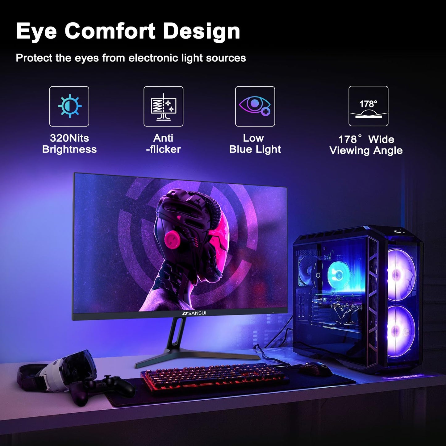 SANSUI 27 Inch WQHD 2560 x 1440 IPS Gaming Monitor, 180Hz 1ms Computer Monitor, DP 1.2 x2 | HDMI 2.0 x2 | VESA Mount, 120% sRGB HDR Eye Care Metal Stand (DP Cable Included)