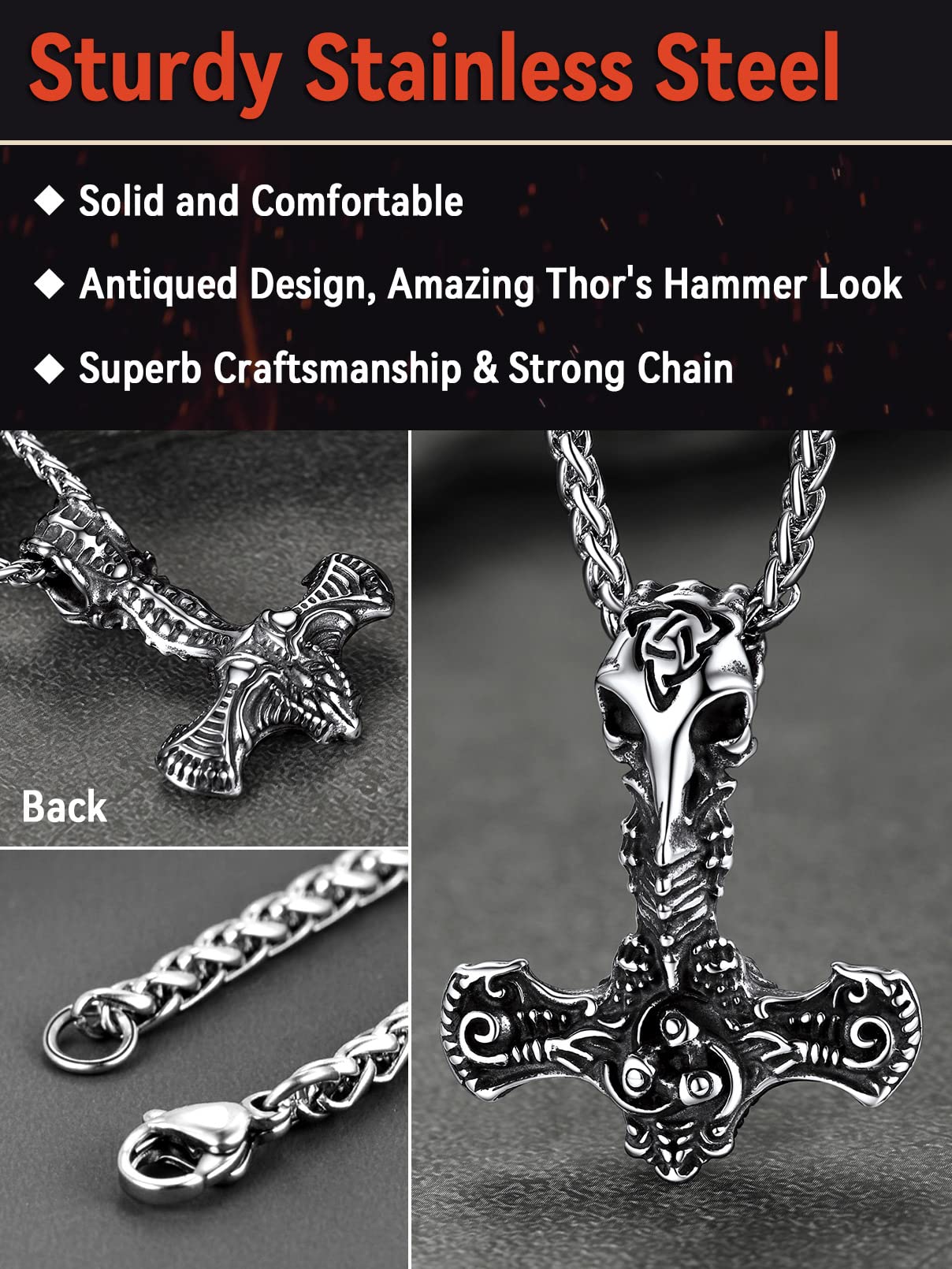 Viking Pendant Necklace, Thor's Hammer Necklaces for Men Stainless Steel Mjolnir Pendant Wheat Chain