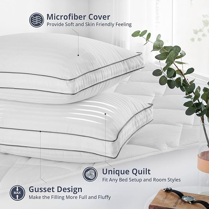 Deodar Bed Pillows for Sleeping 2 Pack Fluffy Down Alternative Hotel Pillows for Side and Back Sleepers Soft Gusseted Pillow King Size Set of 2, White, 20x36
