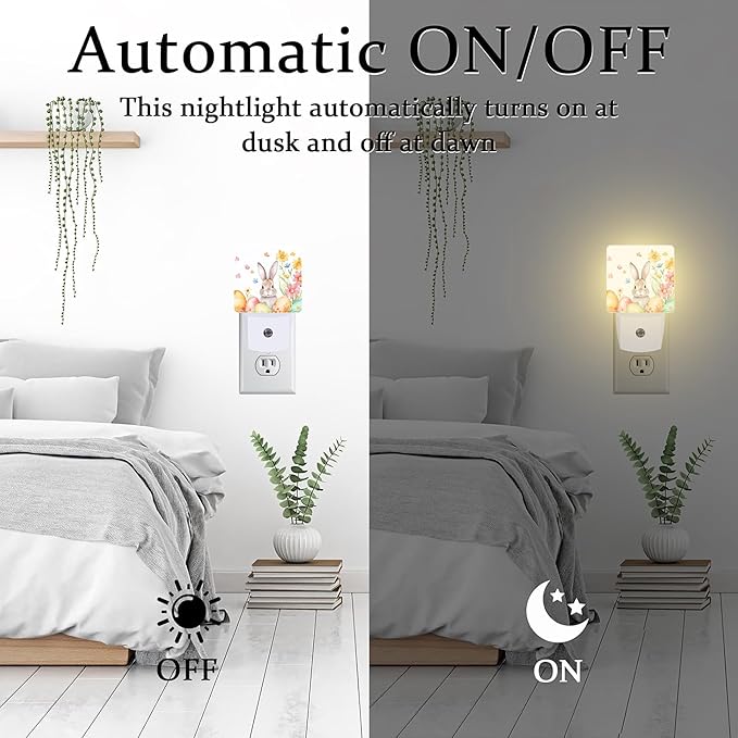 Cute Easter Bunny and Eggs Night Light, Easter Rabbit and Flowers Dusk to Dawn Night Light Plug in, 0.5w Energy Saving Sleep Friendly NightLight for Kids Boys Girls Home Decor