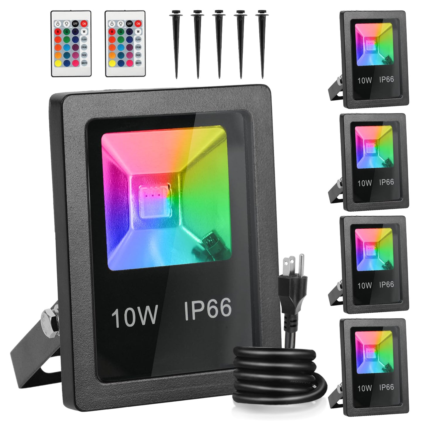 T-SUN LED Flood Light, 10W RGB Color Changing, Waterproof, Remote Control, 5 Pack, Model TS-F41