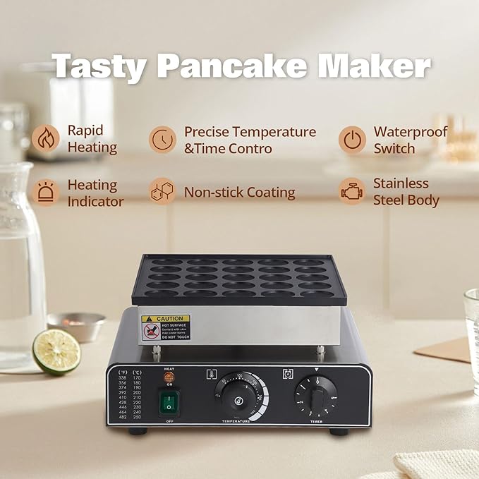 25 Hole and 25 Heart Waffle Maker, Commercial Electric Nonstick Mini Muffin Maker with 50-300℃ Separate Control, 1.8" Diameter Mini Dutch Pancake Maker for Snacks, Desserts