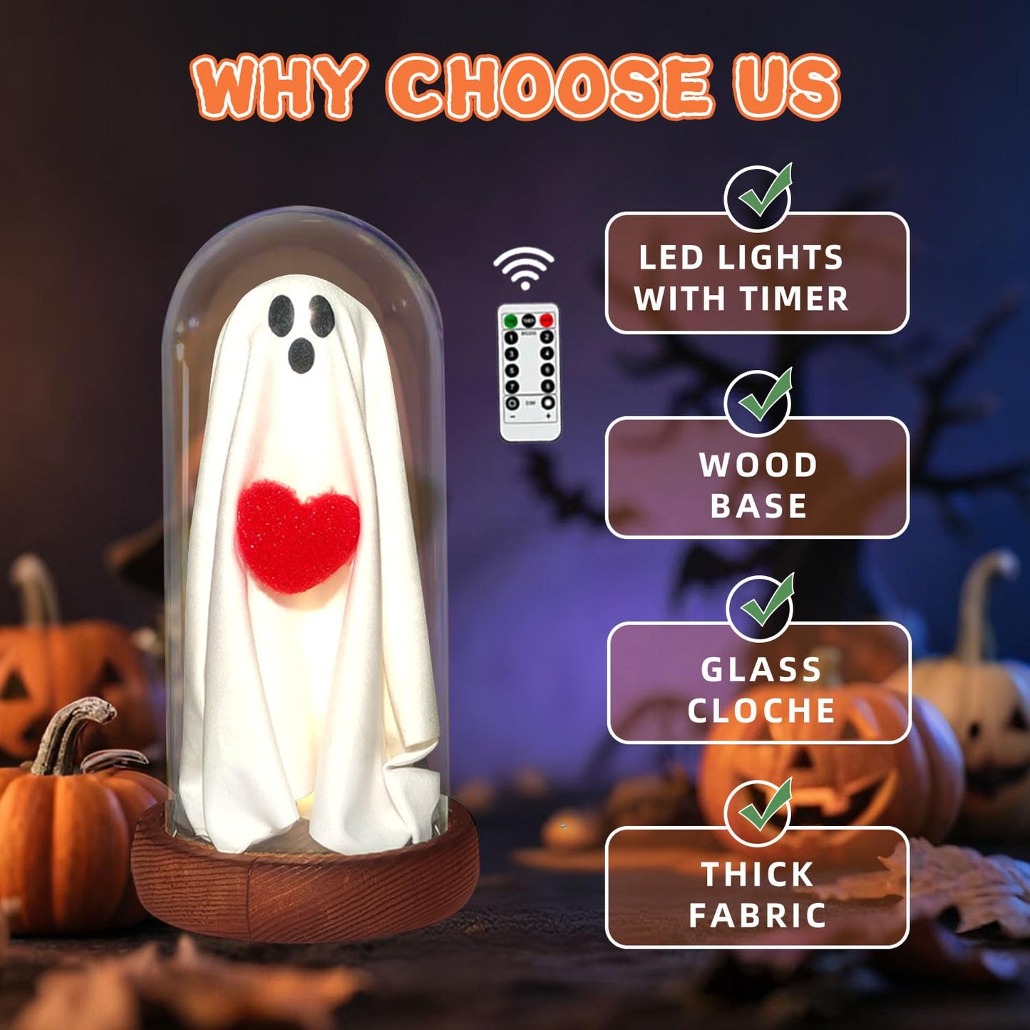 Generic Halloween Ghost Lamp - Light Up Glass Decoration with Remote Control - Small - Pumpkin