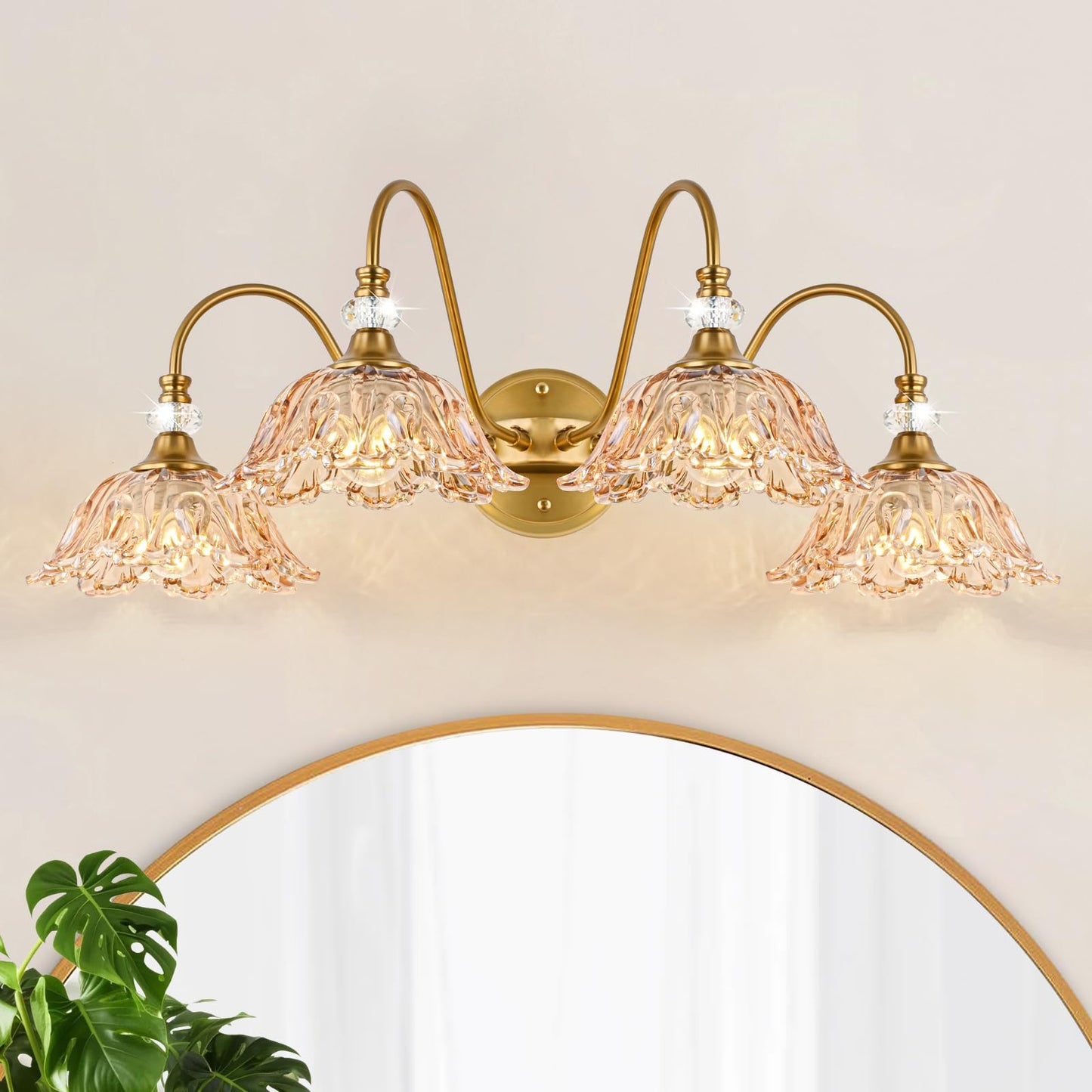 Sunkryster Vintage Bathroom Vanity Light  4-Light Matte Brass Finish Vanity Light With Floral Amber Glass Shades  Retro Wall Mount Lighting For Bathroom  Dressing Table
