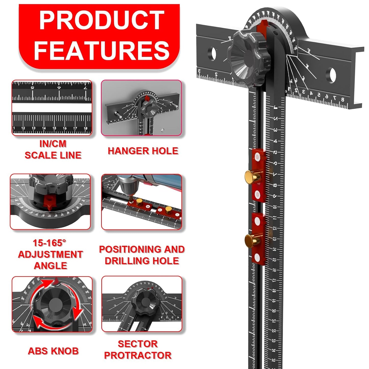 Woodworking T Square Ruler, 13.5 Inch Adjustable Angle 15-165° Measurement Tool, Aluminum Alloy, Precision Drilling Positioning Guide for Carpentry, Drafting, Contractor, Scribe Crafting, Drywall