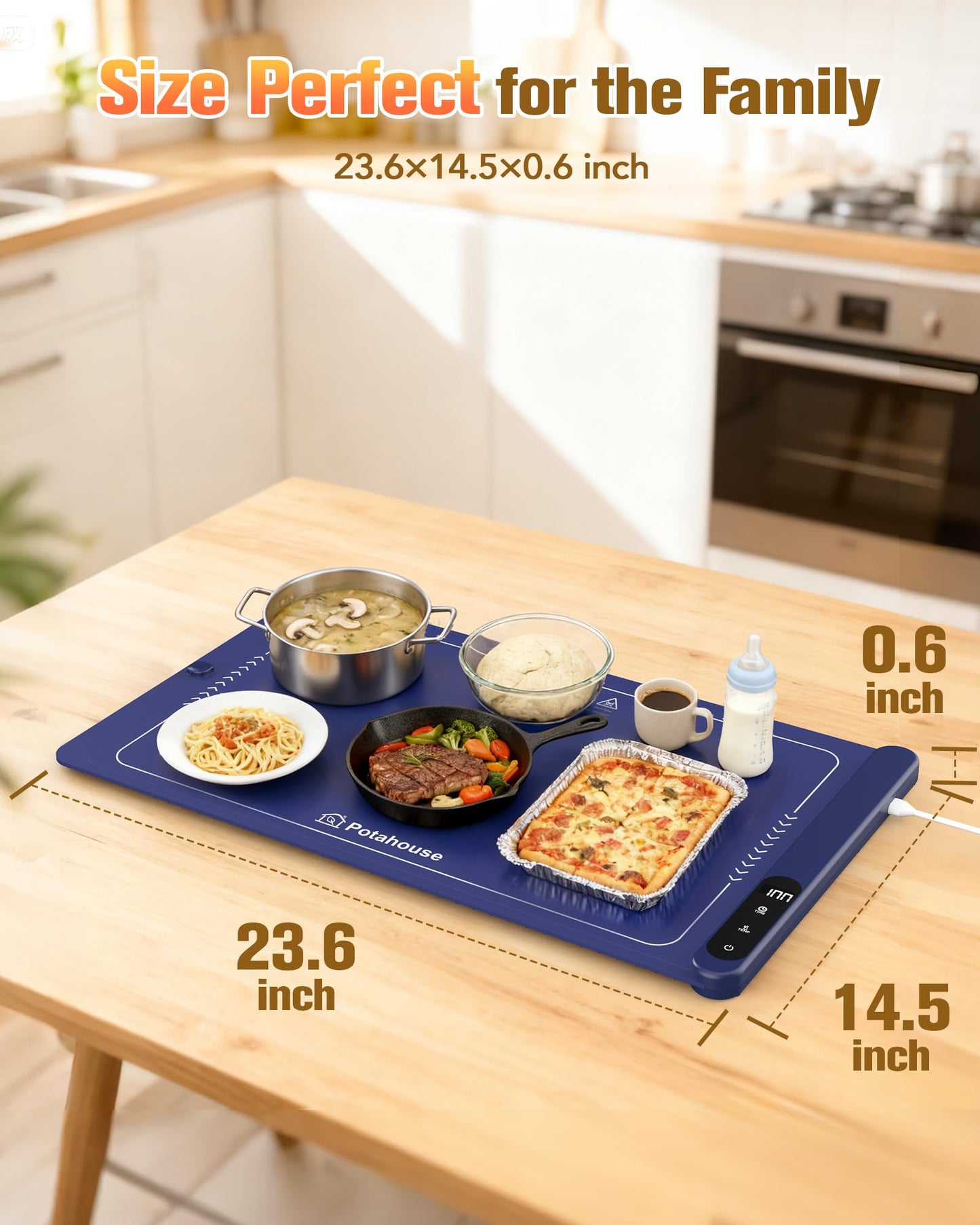 Potahouse® Warming Mat for Food, Graphene Full-Surface Fast Heating, Electric Warming Tray with 6 Temp & Timer Settings, Rollable & Portable Silicone Food Warmer for Parties, Home and Travel, Blue