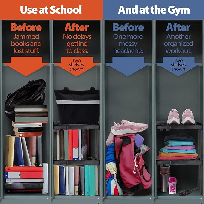 Locker Organizer Shelf， Adjustable Width and Height, Ideal Locker for School, Office, and Gym Lockers… (White 2 Pack)