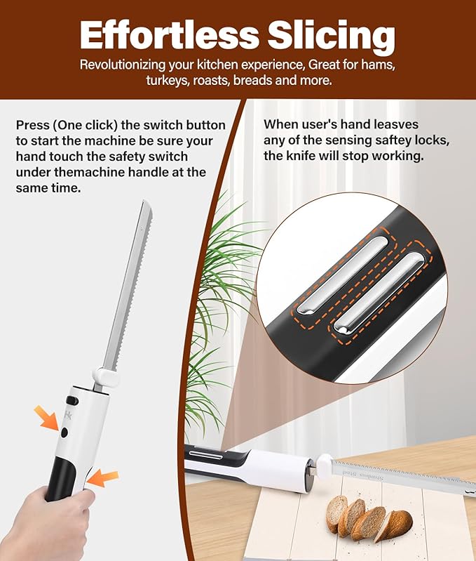 HK Cordless Electric Knife for Carving Meats, Poultry, Bread, Crafting Foam & More, Included Dual 304 Stainless Steel Blades, Fork, Foldable Cutting Board