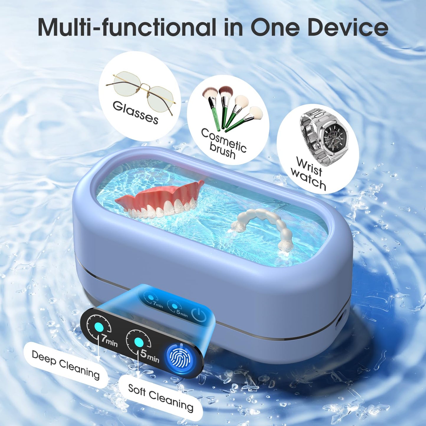 Professional Ultrasonic Jewelry Cleaner with Digital Timer,50KHz Ultrasonic Cleaner Machine with 304 Stainless Steel for Jewelry,Eyeglasses, Rings, Coin, Watch Strap, Dentures, Hygiene Items (Blue)