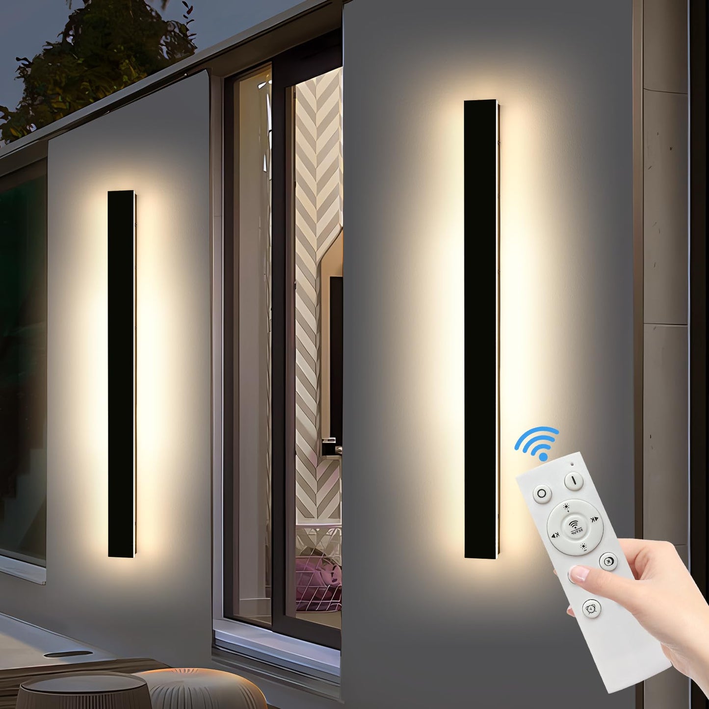 Mikeru 3CCT Dimmable Outdoor Wall Sconce, 57in IP65 Waterproof, Modern Black, Remote Control, Model FTBD-ZB2P, 2-Pack