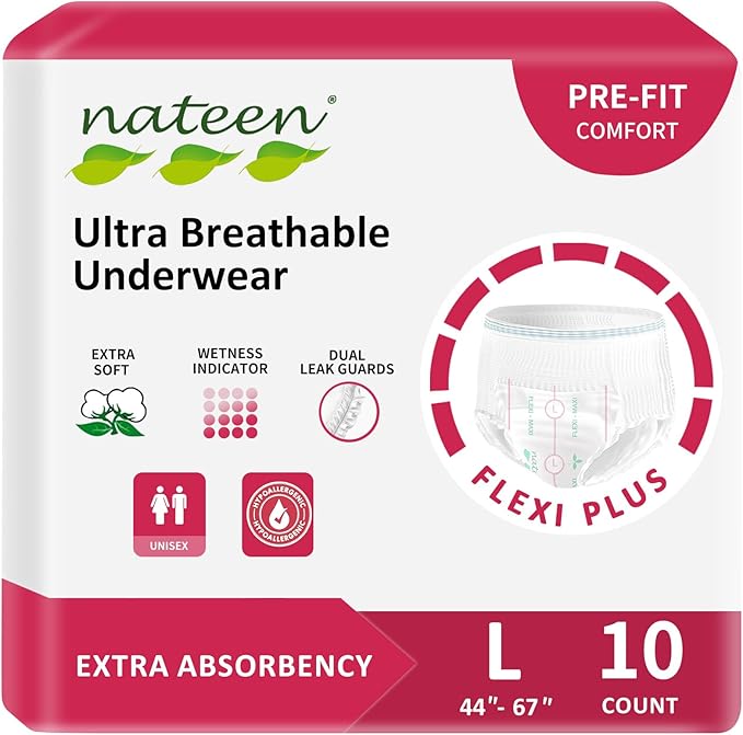 Nateen Flex Plus Adult Incontinence Underwear for Women and Men，Extra Absorbency Adult Pull Ups,Soft Cloth-Like Adult Diapers, Large, 10 Count