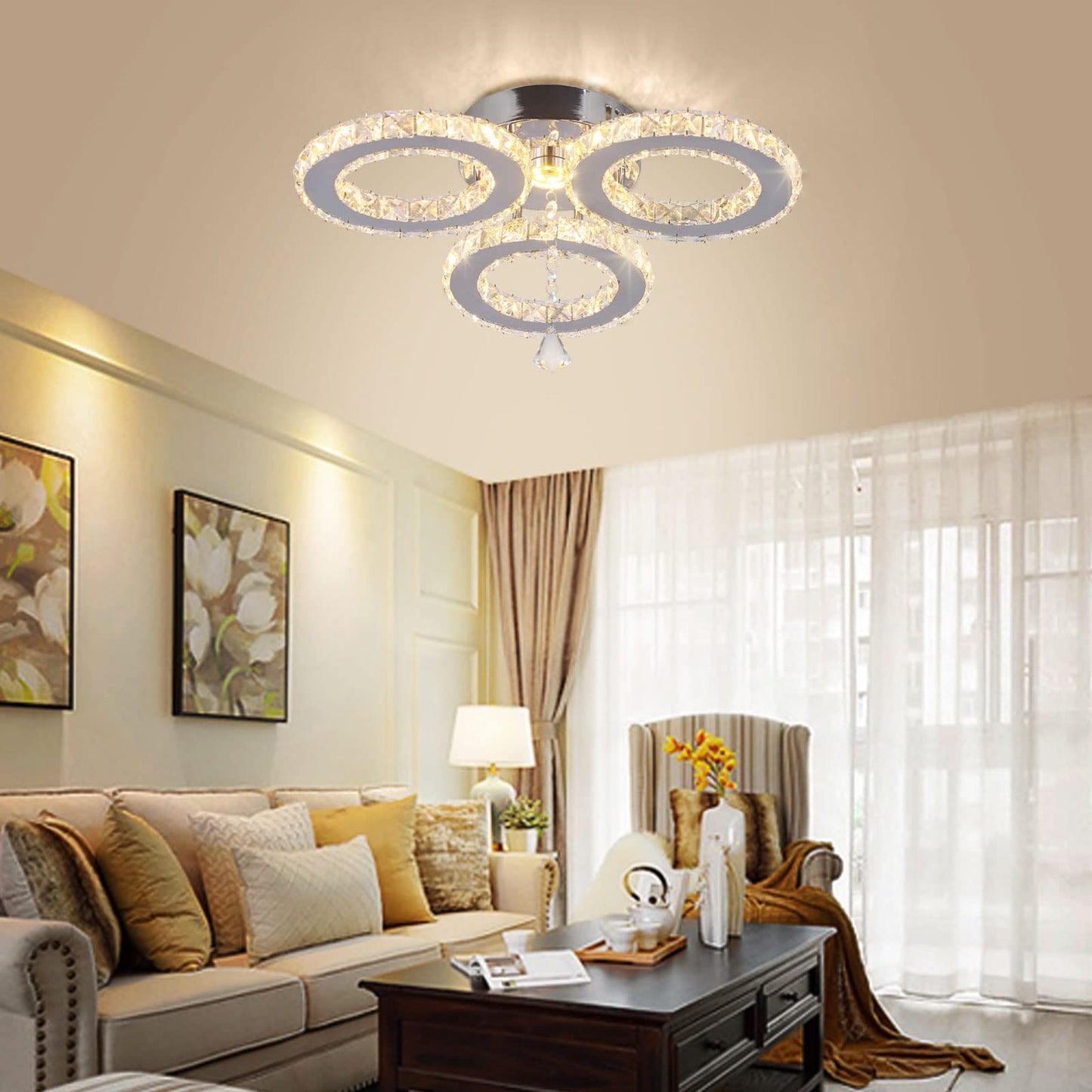 diisunbihuo LED Crystal Pendant Ceiling Light Chandelier 13x3.5 Inches Warm White Flush Mount for Bedroom Living Room