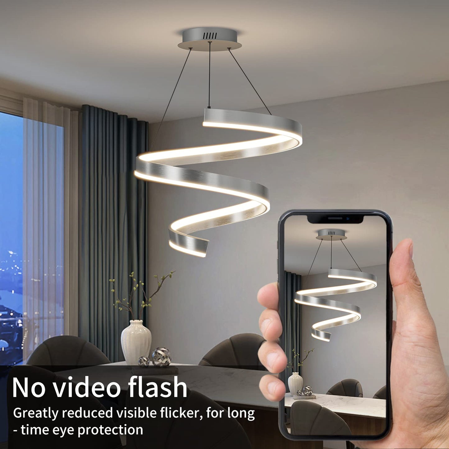 Mikeru Pendant Light with Remote Control, Dimmable 3000k-6500k, 19.6 Inch, D-Silver, Model 60