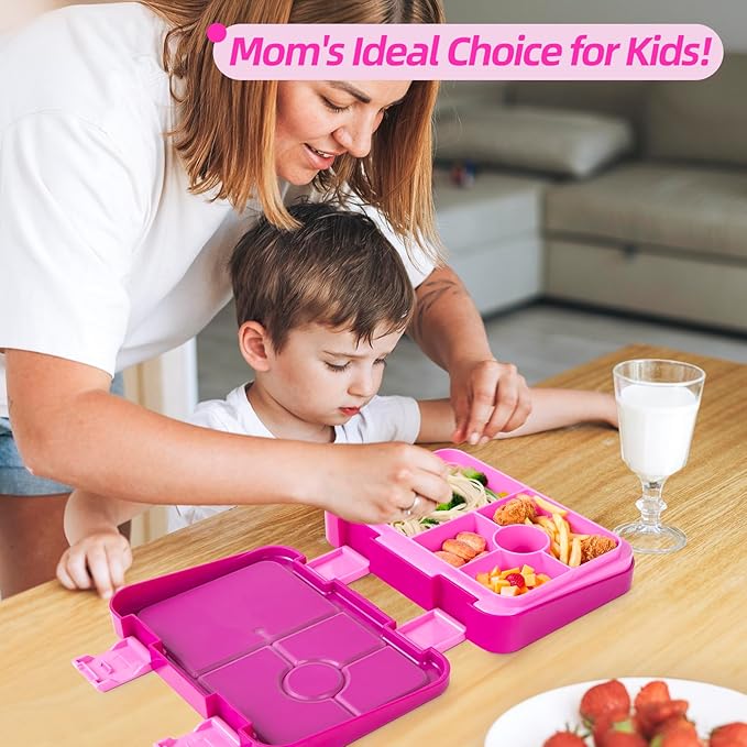 Bento Lunch Box for Kids, 6 Compartments BPA Free, Dishwasher Safe Back to School Snack Bento Lunch Containers Boxes, Ideal Portion Sizes for On-the-Go Meal, Ages 3+, School, Rose Red