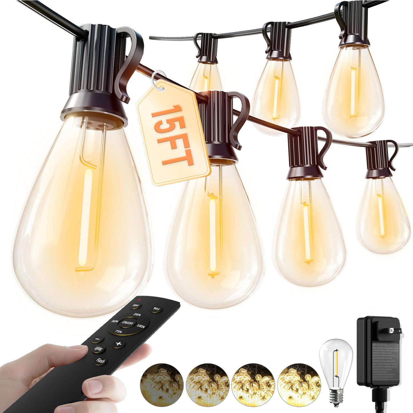 luckystyle LED Outdoor String Lights, 15FT, Warm Yellow-2200K, 6+1 Shatterproof Bulbs, Waterproof, Dimmable, Model S11